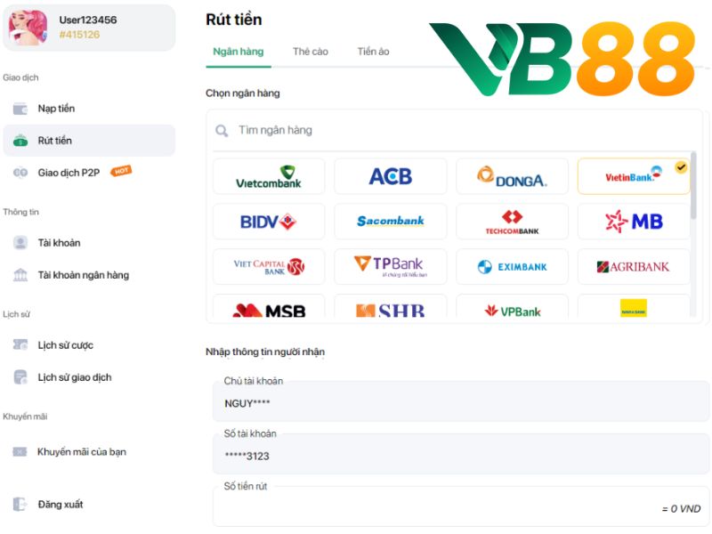 Rút Tiền Từ VB88 Về Túi Riêng